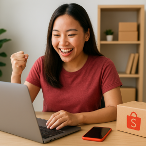 Mulher comemorando sua primeira venda na Shopee em frente ao notebook.