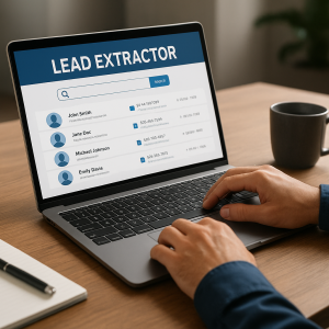 Profissional usando laptop com ferramenta de extração de leads em ambiente de trabalho moderno.