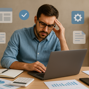 Empreendedor digital sobrecarregado trabalhando em laptop com gráficos e planilhas.