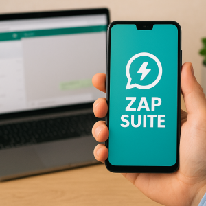 Pessoa segurando smartphone com Zap Suite aberto em frente a um laptop.