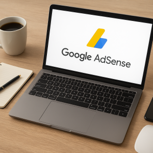 Workspace com laptop exibindo Google AdSense em tela.