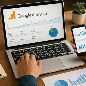 Análise de dados do Google Analytics em laptop e smartphone.
