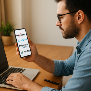 Homem usando notebook e celular com logos da Payoneer, Asaas, Remessa Online e Husky.
