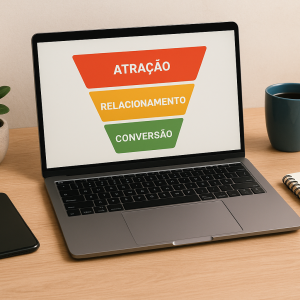 Mesa de trabalho com laptop e anotações representando análise de funil de vendas.