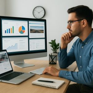 Profissional analisando ferramentas digitais em seu computador.
