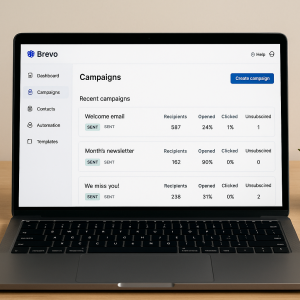 Painel de configuração da Brevo mostrando campanhas de e-mail marketing.