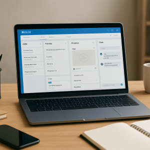 Mesa de freelancer com notebook exibindo o Bitrix24 e itens de trabalho organizados.