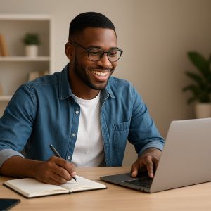 Homem sorridente trabalhando em laptop e fazendo anotações em caderno.