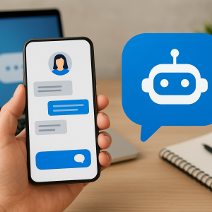 Pessoa segurando celular com conversa automatizada em aplicativo de mensagens.