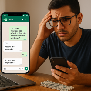 Empreendedor preocupado ao ver mensagens de cliente no WhatsApp sem resposta.