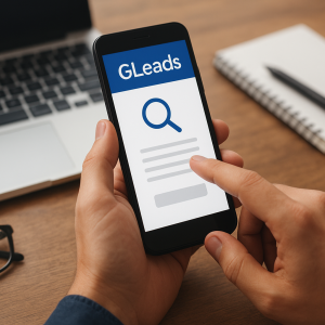 Pessoa usando o celular com aplicativo de prospecção de leads em um ambiente de trabalho.