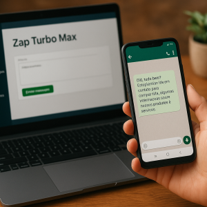 Pessoa usando o Zap Turbo Max no computador e no celular para automatizar vendas pelo WhatsApp.