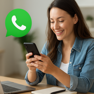 Mulher usando o WhatsApp no notebook e celular para automatizar vendas.