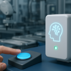 Dispositivo de inteligência artificial sendo ativado por um botão em ambiente industrial.