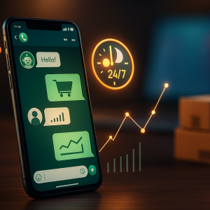 Smartphone exibindo chat no WhatsApp com ícones de vendas e gráfico.