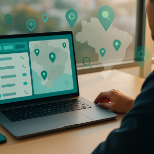 Profissional analisando mapa de leads no notebook com pins geográficos