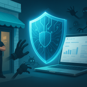 Escudo digital bloqueia bots entre uma loja e um laptop com Google Ads, simbolizando proteção contra cliques fraudulentos e tráfego qualificado.