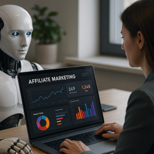 Profissional de marketing usando inteligência artificial para automatizar divulgação de afiliados.