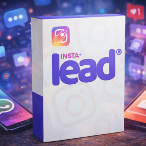 Software de geração de leads para Instagram exibido em caixa digital com ícones de redes sociais ao fundo