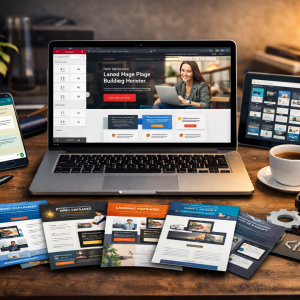 Workspace com laptop exibindo editor de landing pages, tablet com vários templates e smartphone com WhatsApp, representando criação rápida de páginas para marketing digital.