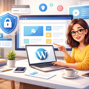 Pessoa criando um site em WordPress no computador com ícones de segurança, hospedagem e ferramentas de criação de sites.