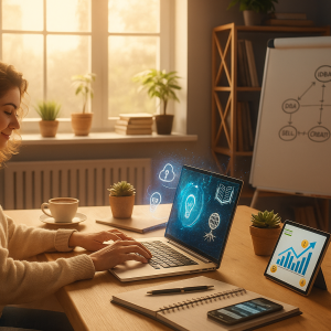 Mulher trabalhando em laptop com hologramas digitais em escritório iluminado pelo sol, representando marketing digital e inovação.