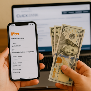 Pessoa segura celular com conta internacional e notas de dólar.