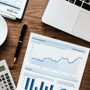 Mesa de trabalho com gráficos financeiros, calculadora, caneta e xícara de café, representando a automação da gestão financeira de um negócio online.