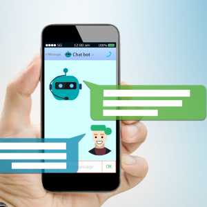 Ilustração de um chatbot conversando com um usuário em um smartphone.