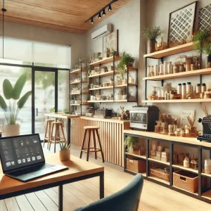 Interior de uma pequena loja ou café com prateleiras cheias de produtos, uma mesa de trabalho com laptop e uma impressora.