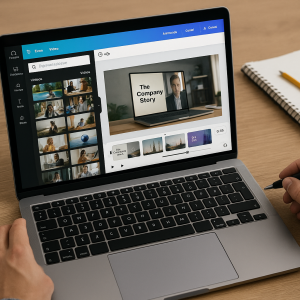Pessoa editando um vídeo profissional no Canva em um laptop, com uma lente de câmera e um caderno na mesa.