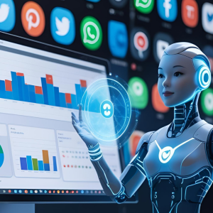 Robô humanoide analisando gráficos e dados em tela digital sobre inteligência artificial