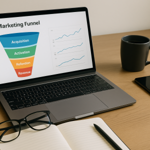 Laptop exibindo um funil de marketing (Marketing Funnel) com diferentes estágios, em uma mesa de trabalho com caneca preta e celular.