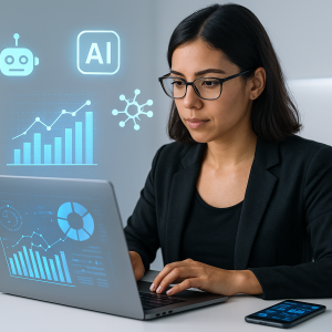 Mulher de óculos e blazer trabalhando em um laptop com projeções holográficas de gráficos de inteligência artificial (IA) sobre a tela.