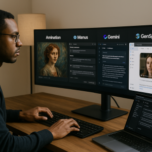 Homem trabalhando em um setup de computador com tela ultrawide, exibindo várias ferramentas de IA, incluindo Gemini, para criação de conteúdo e código.