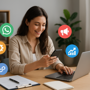 Mulher usando celular e notebook com ícones de marketing digital.