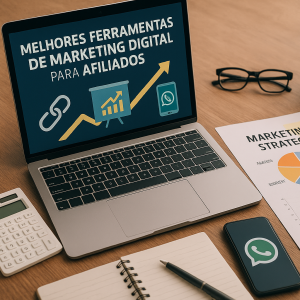 Mesa de trabalho com laptop exibindo ícones de marketing digital para afiliados (gráficos, links, WhatsApp), calculadora e gráficos impressos.
