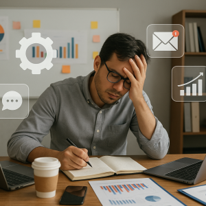 Homem sobrecarregado, com a mão na testa, sentado entre dois laptops e rodeado por ícones holográficos de marketing digital, como engrenagem, email e gráficos.