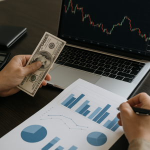 Pessoa analisando gráfico financeiro com dólares na mão