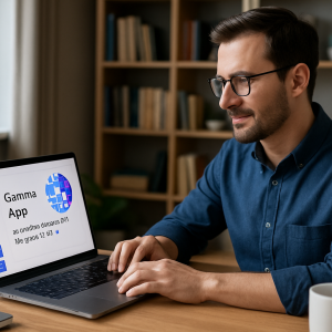 Homem de óculos e camisa azul digitando em um laptop que exibe uma apresentação do Gamma App com gráficos e o logo da ferramenta.