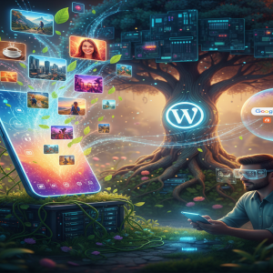 Web Stories Generator WordPress, conteúdo visual, Google Discover, celular, árvore digital, homem, óculos VR, inovação marketing digital