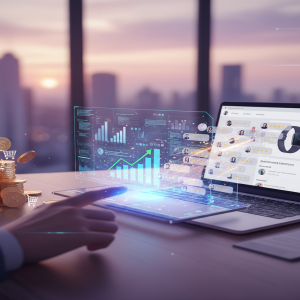 Mão interagindo com projeções holográficas de dados e gráficos financeiros ao lado de um laptop, com pilhas de moedas e carrinhos de compra flutuando.