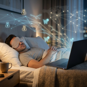 Homem dormindo tranquilamente em uma cama com máscara de descanso, enquanto hologramas azuis de conexões de rede, ícones de cifrão e carrinhos de compras flutuam sobre um notebook aberto, simbolizando vendas automáticas na internet.