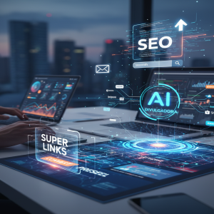 Visão aérea de escritório moderno onde duas pessoas operam laptops e uma interface holográfica exibe o ecossistema de marketing digital, com foco em otimização de SEO, IA (Inteligência Artificial Divulgadora), Super Links e Presell, simbolizando automação e alta performance.