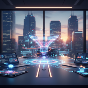Funil de vendas digital holográfico flutuando sobre uma mesa de reunião, conectando laptops, tablet e celular que exibem dashboards e gráficos de automação e leads.