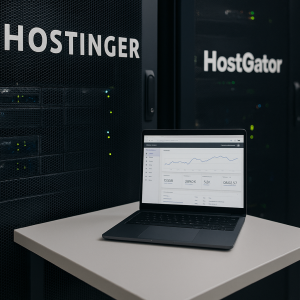 Laptop exibindo dados de desempenho na frente de racks de servidores com os logos Hostinger e HostGator.