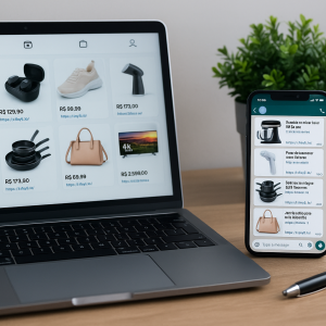 Laptop exibindo produtos em um e-commerce e smartphone mostrando uma lista de produtos, representando a automação de vendas por IA.
