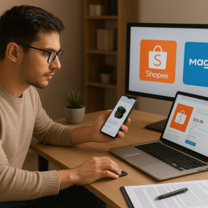 Afiliado analisando produtos da Shopee e Magalu no notebook e celular. IA Divulgadora para Afiliados