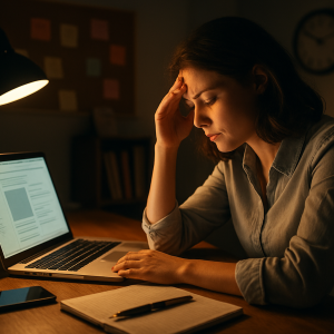 Mulher cansada ou estressada sentada no escuro em frente a um laptop, com a mão na testa, iluminada por uma luminária de mesa.