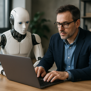 Um homem de negócios e um robô humanóide branco lado a lado, representando a interação entre humanos e inteligência artificial.